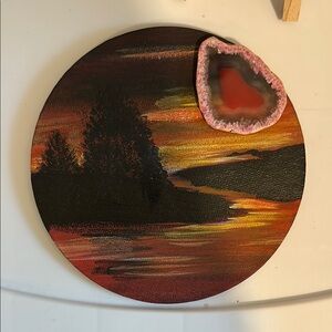 Sunset Landscape Round Canvas Agate Art